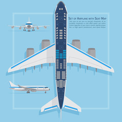 Aircraft seats plan top view. Business and economy classes airplane indoor information map. Vector illustration