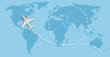 Airplane flying above world map. Aircraft travelling flat vector concept