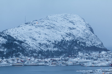 View of the town of Alesund during sunrise from Aksla hill.