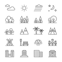 Nature landscape line vector elements and houses. Outline trees and mountains icons