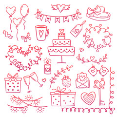 Set of hand drawn doodle love elements for wedding, Valentine s Day card, sticker, stamp design. Vector illustration with heart, love, speech bubble, arrow, lettering text. Hand drawn sketch style.