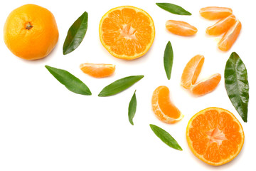 mandarin with slices and green leaf isolated on white background top view