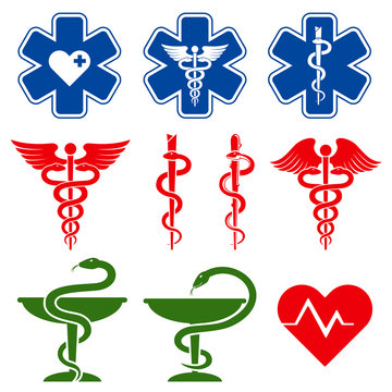 International medical, pharmacy and emergency care vector symbols