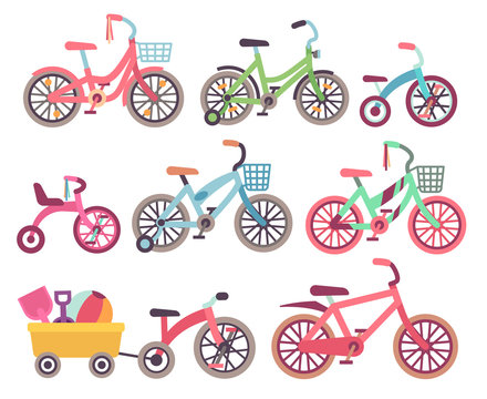 Kids bicycles vector set. Childrens bikes collection