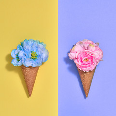 Ice Cream Cone Set with Flowers. Creative Minimal. Trendy fashion Yellow Purple Style. Spring Summer Floral concept. Colorful Neon Design. Pop Art