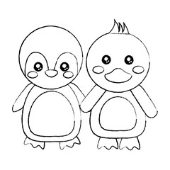 penguin duck holding hands cute animals icon image vector illustration design  black sketch line