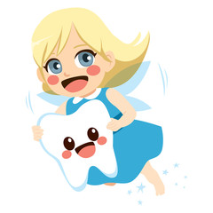 Cute blonde tooth fairy girl flying holding big tooth mascot character