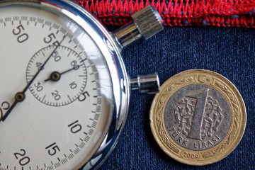 Turkish coin with a denomination of 1 lira and stopwatch on blue jeans with red stripe backdrop - business background