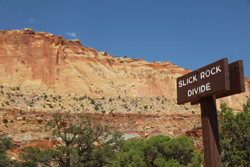 Slick Rock Divide Sign in Capitol Reef National Park. Utah. USA