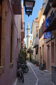 Nerantze mosque and minaret in old town of Rethymno.