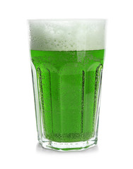 Glass of green beer on white background. Saint Patrick's day celebration