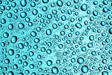 Fresh blue water drops sprayed onto transparent glass surface texture pattern.