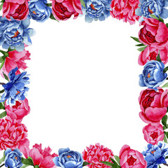 Wildflower red and blue peonies flowers frame in a watercolor style. Full name of the plant: peony. Aquarelle wild flower for background, texture, wrapper pattern, frame or border.
