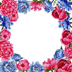 Fototapeta na wymiar Wildflower red and blue peonies flowers frame in a watercolor style. Full name of the plant: peony. Aquarelle wild flower for background, texture, wrapper pattern, frame or border.