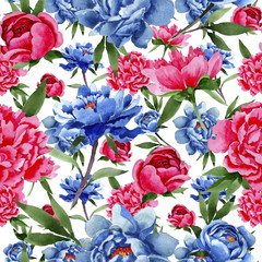 Wildflower red and blue peonies flowers pattern in a watercolor style. Full name of the plant: peony. Aquarelle wild flower for background, texture, wrapper pattern, frame or border.