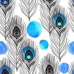 Seamless pattern with peacock feathers and watercolor elements on a white background. Hand-drawn background.
