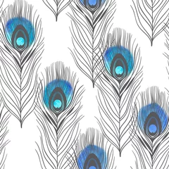 Wall murals Peacock Seamless pattern with peacock feathers and watercolor elements on a white background. Hand-drawn background.