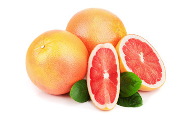 grapefruit and slices with leaves isolated on white background