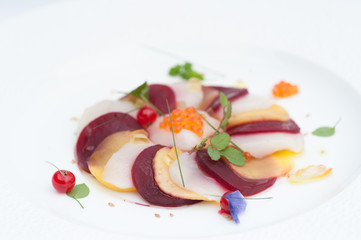 scallop with beets and mangos