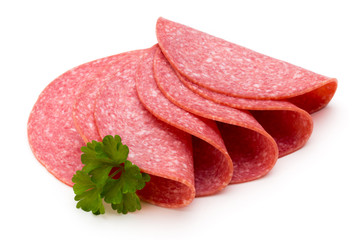 Salami slices isolated on the white background.