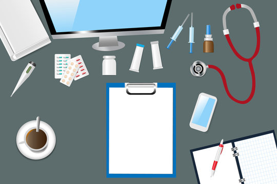 Top view of a medical table with doctor accessories. Vector contains a free place for your text.