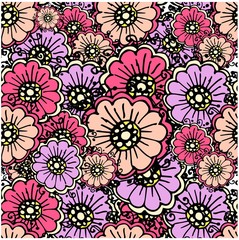 Seamless floral pattern violet, flower, pink, black outlines stock vector illustration