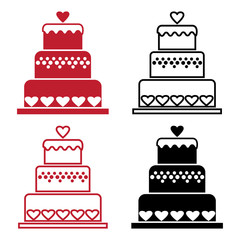 Red and black set of cake with heart for Valentine's Day. Outline and flat design. Vector illustration