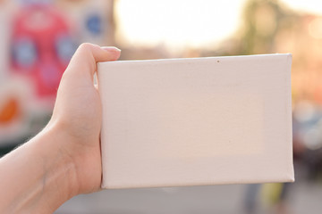 Female hand with tiny canvas in front of urban background