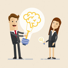 Businessman hold a big light bulb, with brain.  And woman hold a small light bulb. Concept of business idea
