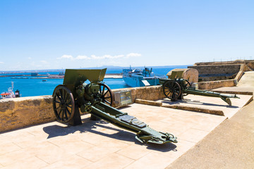 Free outdoor exhibit of old air defence weapons at San Carlos casttle military museum, Palma,...