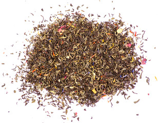 Pile leaf tea with flowers and fruits