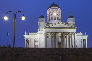 Travel Ideas and Concepts. Renowned Lutheran Cathedral in Helsinki on Senate Square Shot During...