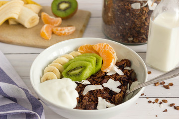 A bowl of granola with yogurt and fresh winter fruits in a white bowl,ingredients in the background