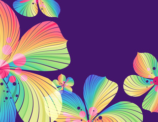 Floral background, multicolored flowers on purple backdrop