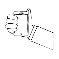 Fototapeta na wymiar human hand holding smarthpone device technology vector illustration sticker design