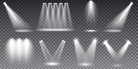 Scene illumination  spotlights collection, transparent effects. Bright lighting with. Vector Illustration