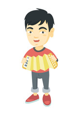 Asian smiling boy  playing the accordion. Full length of little cheerful boy with the accordion. Vector sketch cartoon illustration isolated on white background.