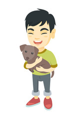 Asian happy smiling boy  holding a small dog. Full length of cheerful little boy with a dog in his hands. Vector sketch cartoon illustration isolated on white background.