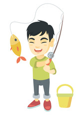 Cheerful asian little boy fishing. Smiling boy standing near the bucket for fish and holding fishing rod with fish on a hook. Vector sketch cartoon illustration isolated on white background.