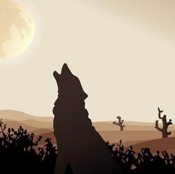 Desert wolf howls at the Moon in the middle of the sand dunes. Vector silhouette illustration. Beige tone background.