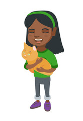 African-american happy girl holding a cat. Full length of cheerful little girl with a cat in her hands. Vector sketch cartoon illustration isolated on white background.