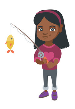 African-american little girl fishing. Full length of smiling girl holding fishing rod with fish on a hook. Vector sketch cartoon illustration isolated on white background.