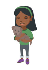 African-american happy smiling girl holding a small dog. Full length of cheerful little girl with a dog in her hands. Vector sketch cartoon illustration isolated on white background.
