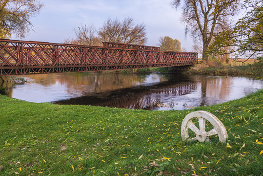 Military bridge over Bzura River near Witkowice, small village in Masovia region of Poland