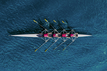Women's rowing team on blue water - obrazy, fototapety, plakaty