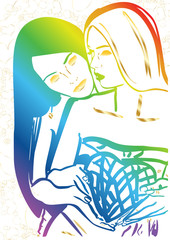 Love in Valentines day holiday lesbian women with heart in erotic foreplay game. Vector illustration rainbow sexy girl . Couple homosexual girlfriend cuddle on date. Two fashion model which holds the