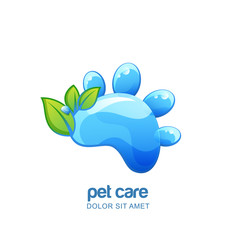 Vector logo, emblem, label design elements for pet organic care, shampoo, cosmetic or grooming. Cat or dog paw with clean water texture and green leaves.