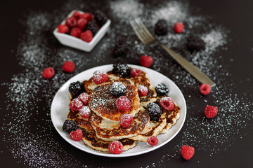 American pancakes with raspberry and blackberry
