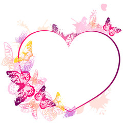 beautiful pink butterflies, heart on a white