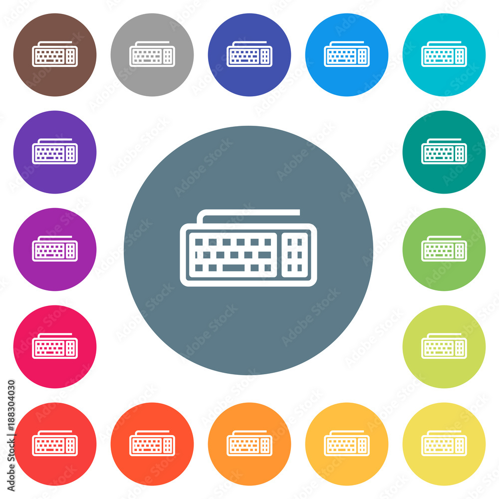 Poster computer keyboard flat white icons on round color backgrounds